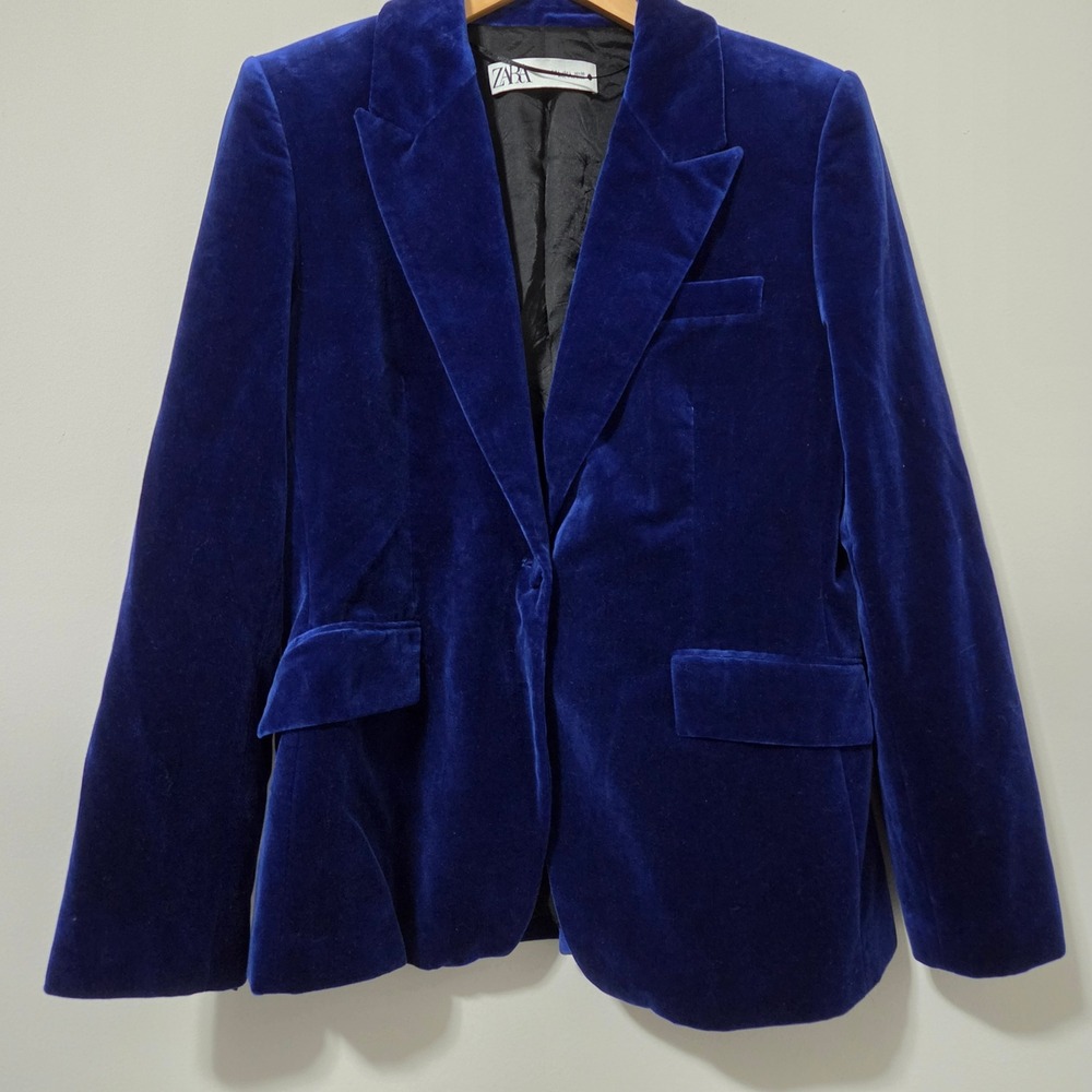 Zara Royal Blue Velvet Blazer Peak Lapel Single Button Jacket Womens Large